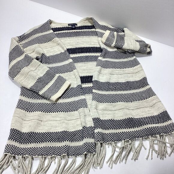 American Living Striped Blue Ivory Fringe Cardigan Sweater XL - Picture 5 of 7